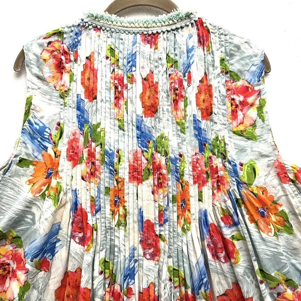 Tolani Floral Dress XL Pintuck Tiered Pockets Crochet Sleeveless Lightweight